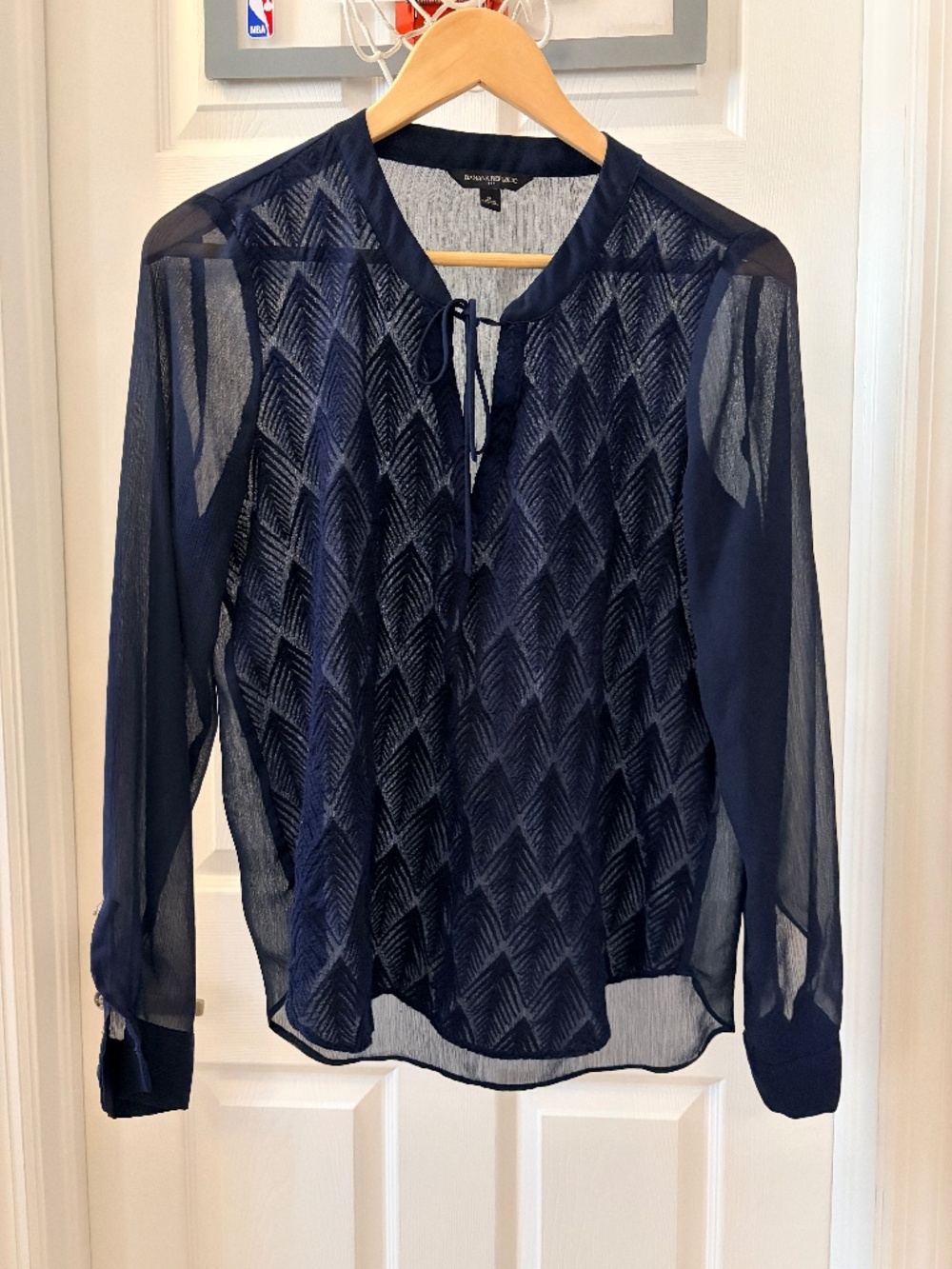 Banana Republic Navy Blue Geometric Front Sheer  Long Sleeves Split V-Neck w Tie